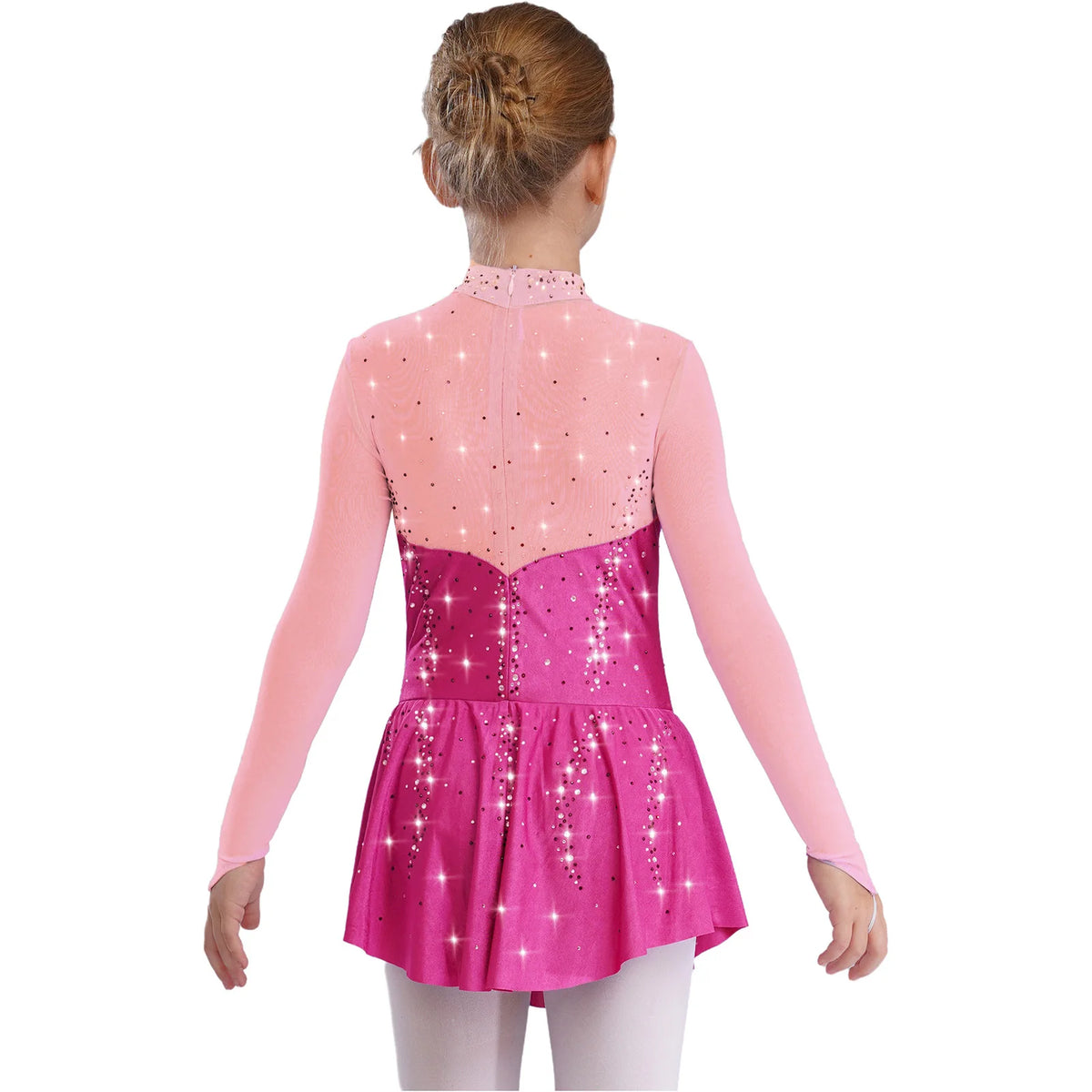 Kids Girls Figure Skating Dress Ballet Dance Artistic Gymnastics Performance Costume Long Sleeve Sheer Mesh Rhinestones Leotard