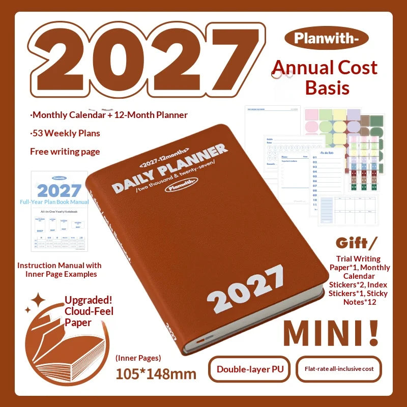 Planwith 2027 Weekly Planner A6 8-Grid Layout Hardcover Agenda Annual Tracker Month Plan Lunar Date Organizer for Adult Student
