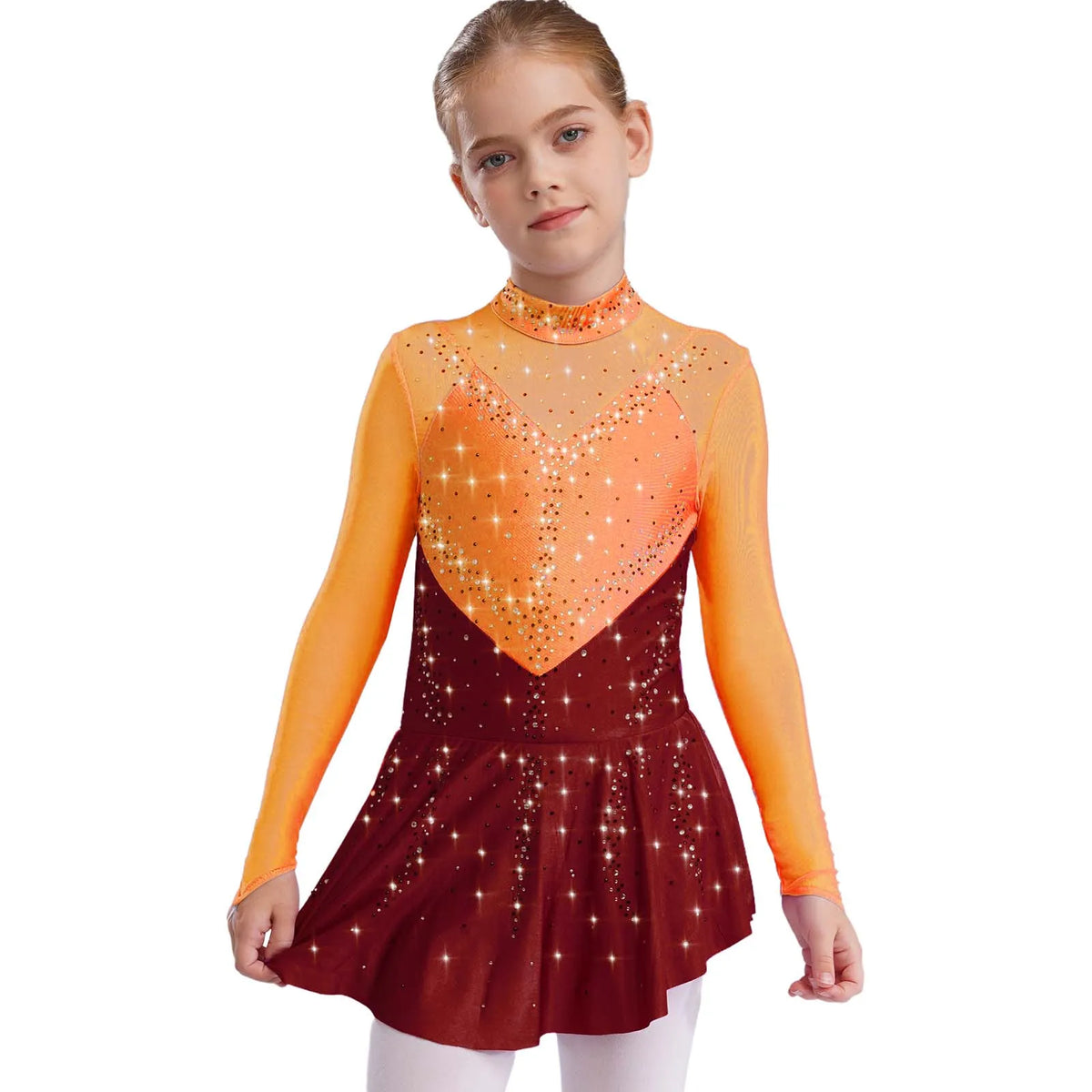 Kids Girls Figure Skating Dress Ballet Dance Artistic Gymnastics Performance Costume Long Sleeve Sheer Mesh Rhinestones Leotard