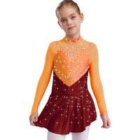 Kids Girls Figure Skating Dress Ballet Dance Artistic Gymnastics Performance Costume Long Sleeve Sheer Mesh Rhinestones Leotard