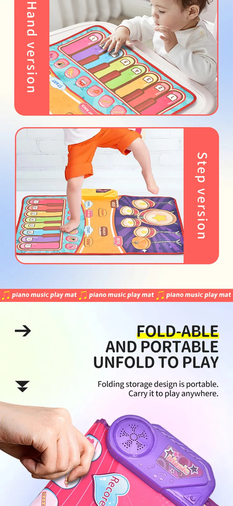 3IN1 Multifunctional Music Play Mat Piano Keyboard Dance Floor Drum Game Playmat Sensory Education Toys for Children Kids Gifts
