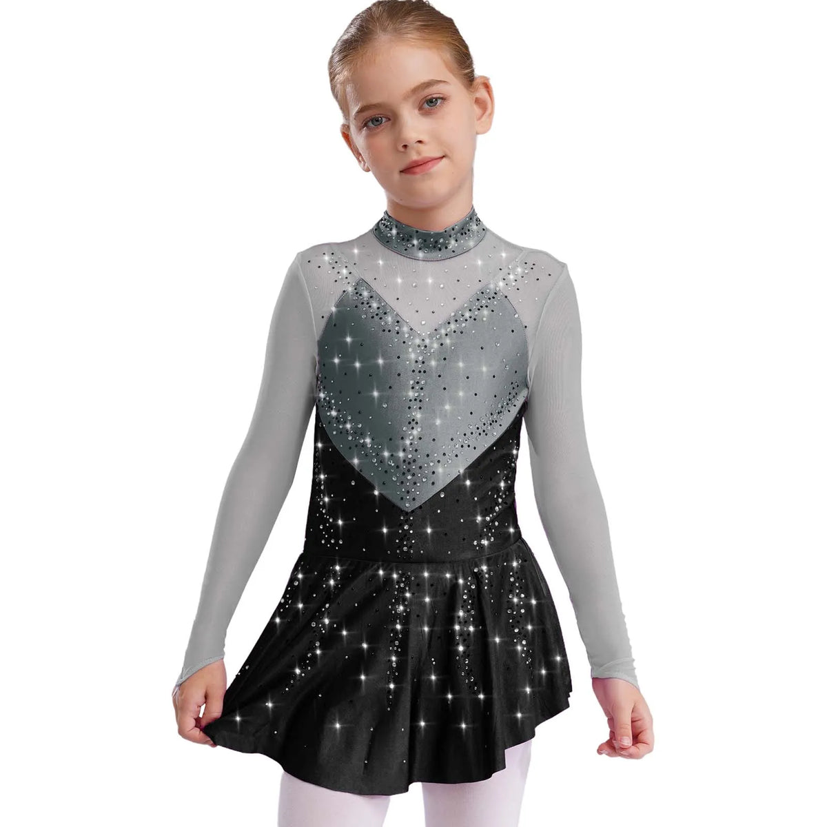 Kids Girls Figure Skating Dress Ballet Dance Artistic Gymnastics Performance Costume Long Sleeve Sheer Mesh Rhinestones Leotard