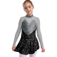 Kids Girls Figure Skating Dress Ballet Dance Artistic Gymnastics Performance Costume Long Sleeve Sheer Mesh Rhinestones Leotard