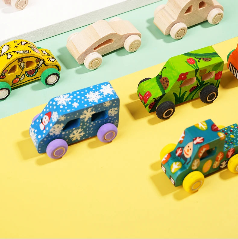DIY handmade wooden graffiti car, children's colorful painting and coloring model, toy, three-dimensional coloring building bloc