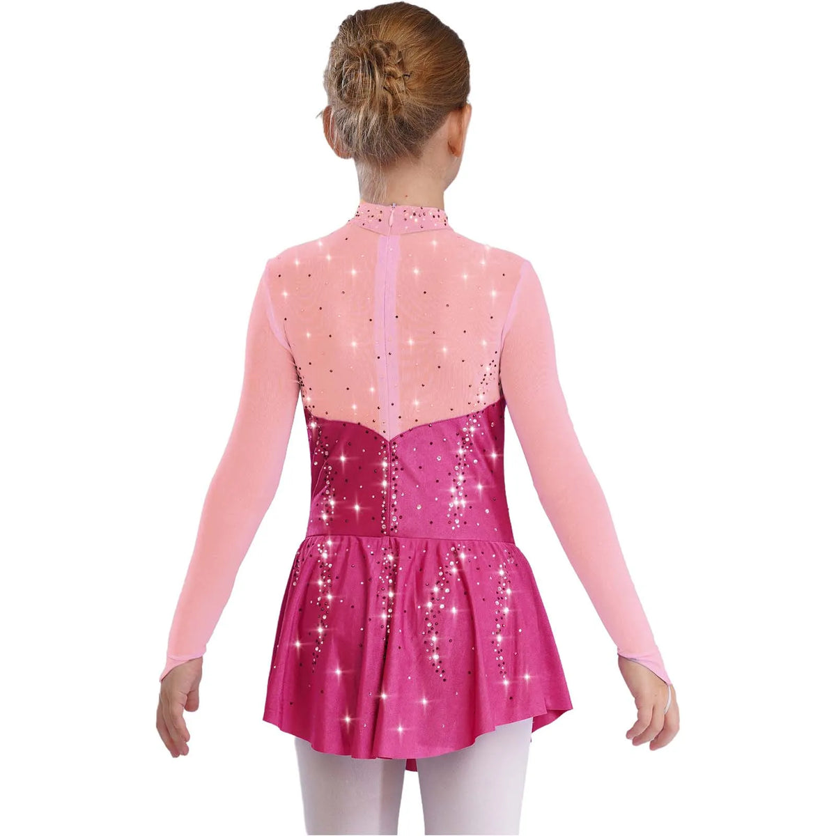 Kids Girls Figure Skating Dress Ballet Dance Artistic Gymnastics Performance Costume Long Sleeve Sheer Mesh Rhinestones Leotard