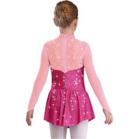 Kids Girls Figure Skating Dress Ballet Dance Artistic Gymnastics Performance Costume Long Sleeve Sheer Mesh Rhinestones Leotard