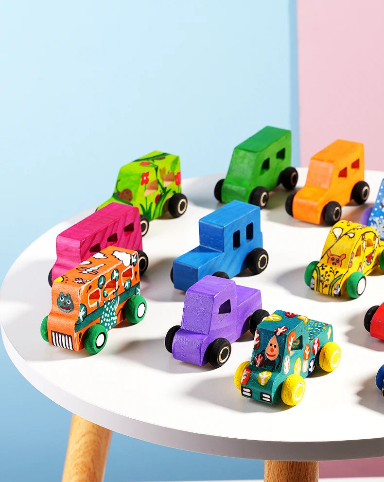 DIY handmade wooden graffiti car, children's colorful painting and coloring model, toy, three-dimensional coloring building bloc