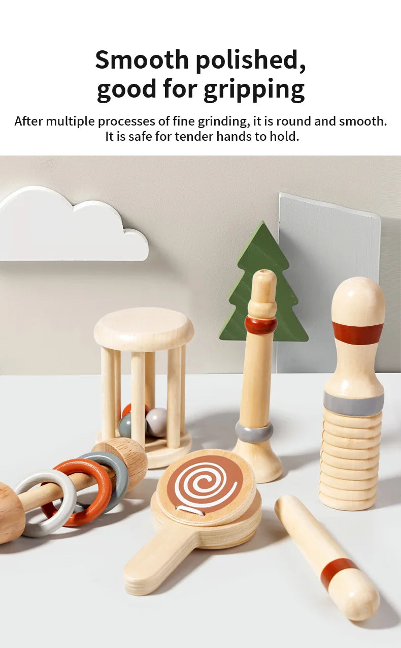 Baby Handheld Bell Musical Instrument Toys Montessori Wooden Gripping Bed Bell Drum Orff Ringing Instrument Percussion Kids Gift