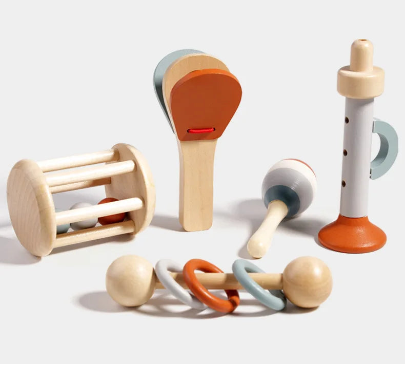 Baby Handheld Bell Musical Instrument Toys Montessori Wooden Gripping Bed Bell Drum Orff Ringing Instrument Percussion Kids Gift