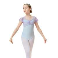 Girls Ballet Dance Dress Kids Child Short Sleeve Stitching V-neck Gymnastics Pink Leotard Practice Professional Stage Dance Wear