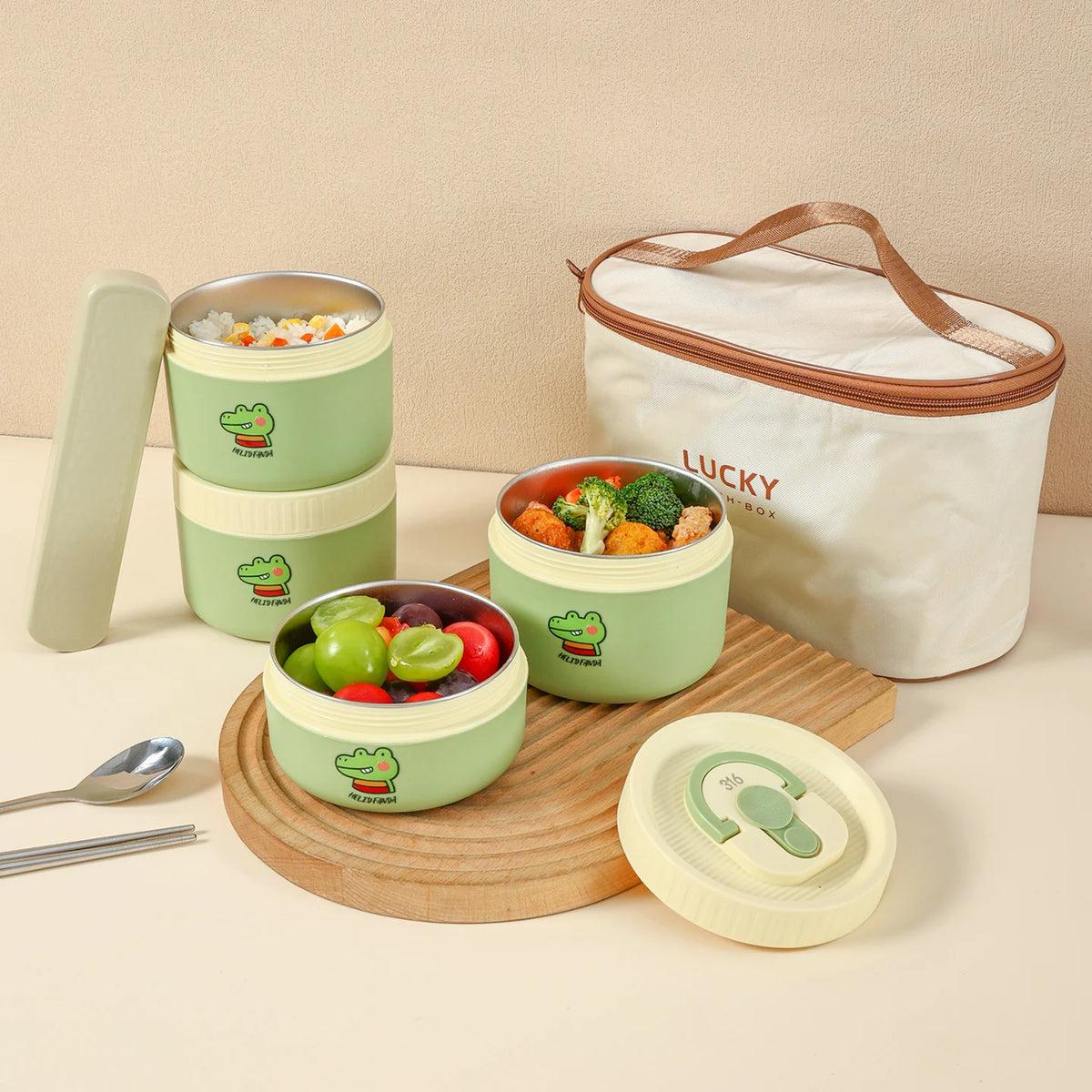 Portable Cute 304 Stainless Steel Insulated Bento Lunch Box For Kids Students Leak-proof Keep Warm Food Container Microwave Safe