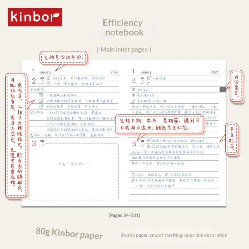 Kinbor 2027 A5 Efficiency Planner Two Days Per Page Notebook To Do List Self-discipline Habit Tracker Time Management Journal