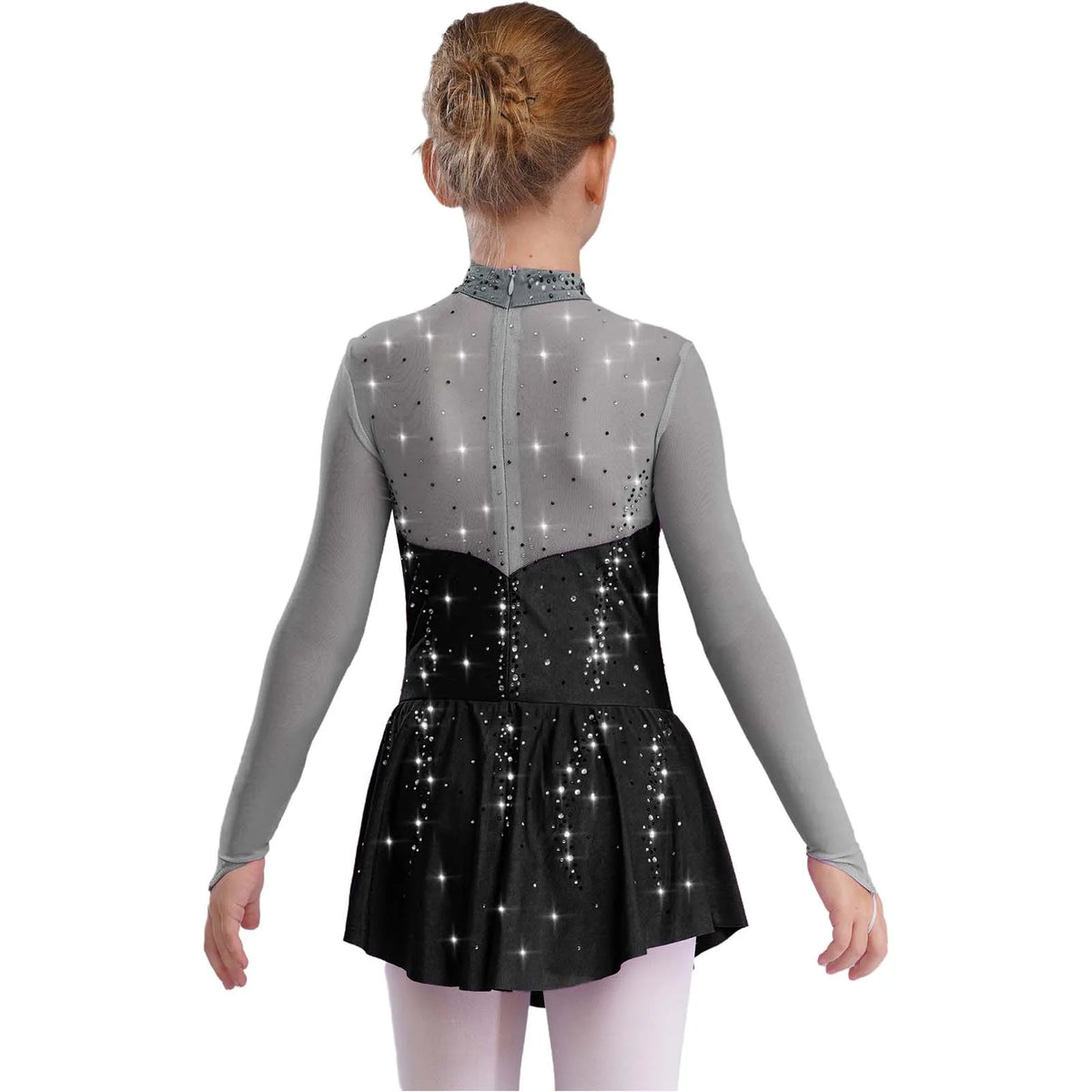 Kids Girls Figure Skating Dress Ballet Dance Artistic Gymnastics Performance Costume Long Sleeve Sheer Mesh Rhinestones Leotard