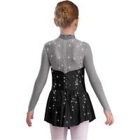 Kids Girls Figure Skating Dress Ballet Dance Artistic Gymnastics Performance Costume Long Sleeve Sheer Mesh Rhinestones Leotard