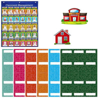 Classroom management chart set featuring a blue 'Classroom Management' chart with sample student photos, two red schoolhouse illustrations, and multiple rows of colorful label sheets in teal, pink, orange, and blue on a white background.