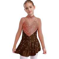 Kids Girls Figure Skating Dress Ballet Dance Artistic Gymnastics Performance Costume Long Sleeve Sheer Mesh Rhinestones Leotard