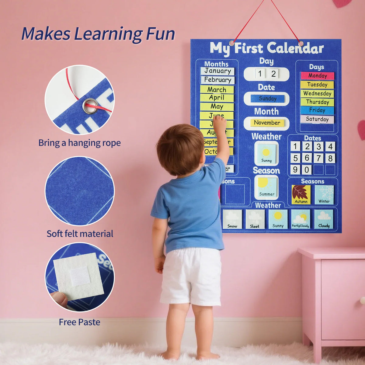 Children's Calendar Felt Board - Early Learning Wall Calendar with Weather Date Month Week Season Educational Charts for Kids