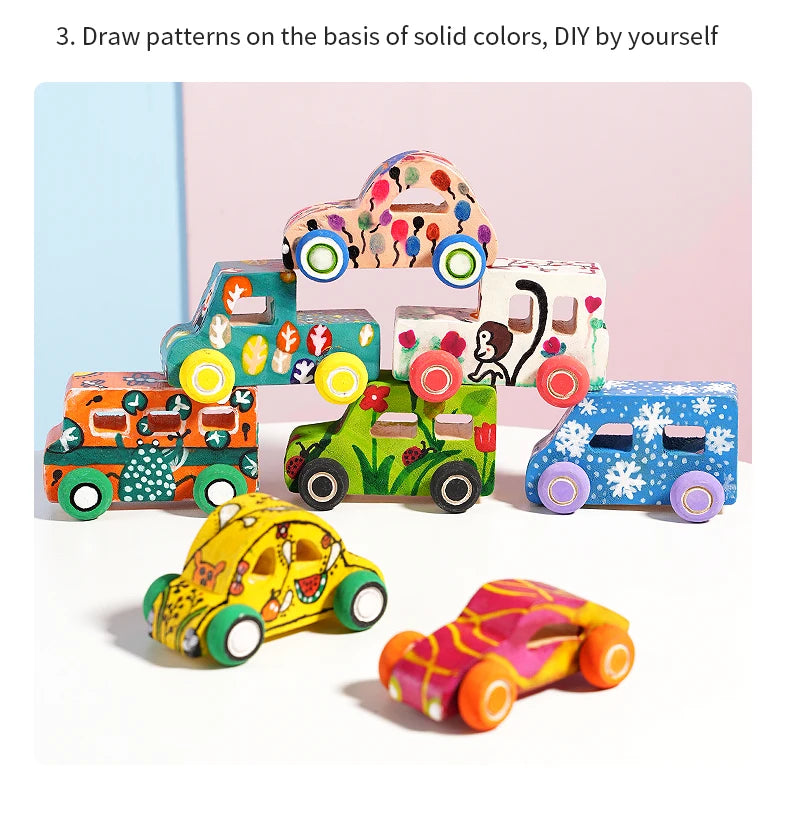 DIY handmade wooden graffiti car, children's colorful painting and coloring model, toy, three-dimensional coloring building bloc