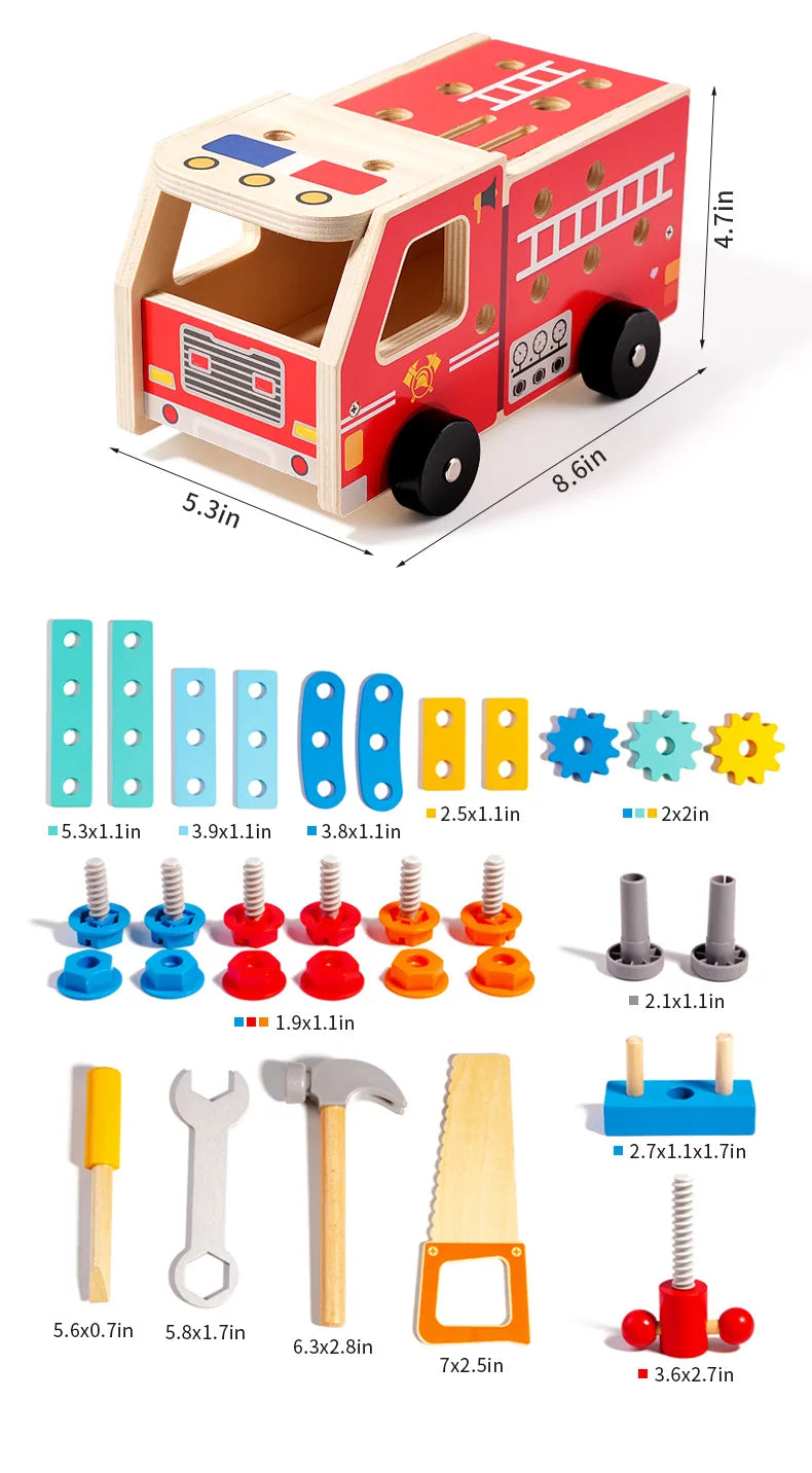 Wooden Montessori Fire Truck - Nut Screw Disassembly Assembly Tool Car, STEM Toy for Toddlers to Develop Hands-On Skills