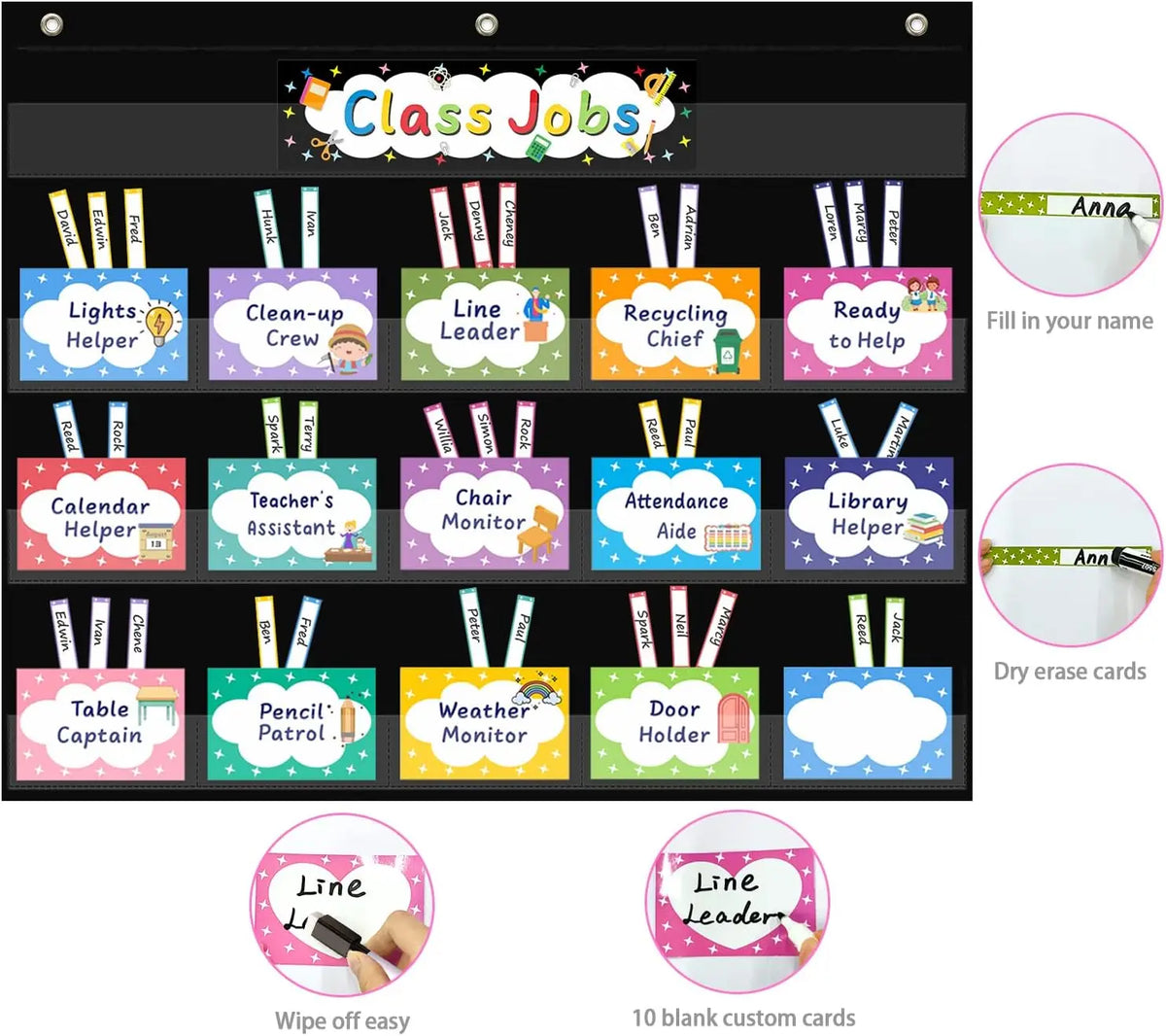 Class Jobs Pocket Chart Class Management Educational Pocket Chart with 70 Colorful Dry Erase Cards and 3 Hooks For Students