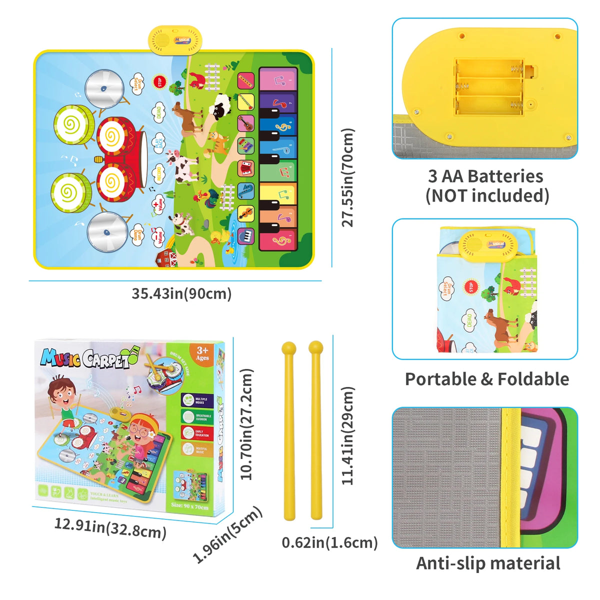90x70cm Unicorn Music Mat Kid Toddler Mat Piano Keyboard and Drum 2 in 1 Toys Dance Mat 8 Instruments Sound Educational Toys