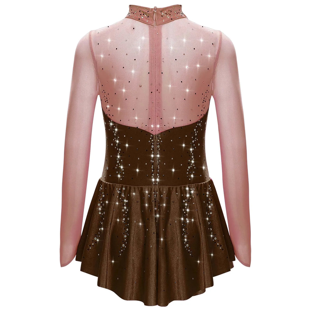 Kids Girls Figure Skating Dress Ballet Dance Artistic Gymnastics Performance Costume Long Sleeve Sheer Mesh Rhinestones Leotard