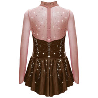 Kids Girls Figure Skating Dress Ballet Dance Artistic Gymnastics Performance Costume Long Sleeve Sheer Mesh Rhinestones Leotard