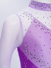 Kids Girls Figure Skating Dress Ballet Dance Artistic Gymnastics Performance Costume Long Sleeve Sheer Mesh Rhinestones Leotard