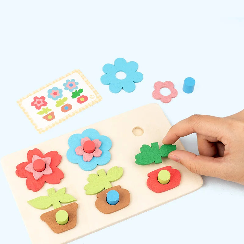 Montessori DIY Wooden Flower Puzzle Board Game With Cards Shape Color Cognition & Matching Geometric Educational Toy For Kids