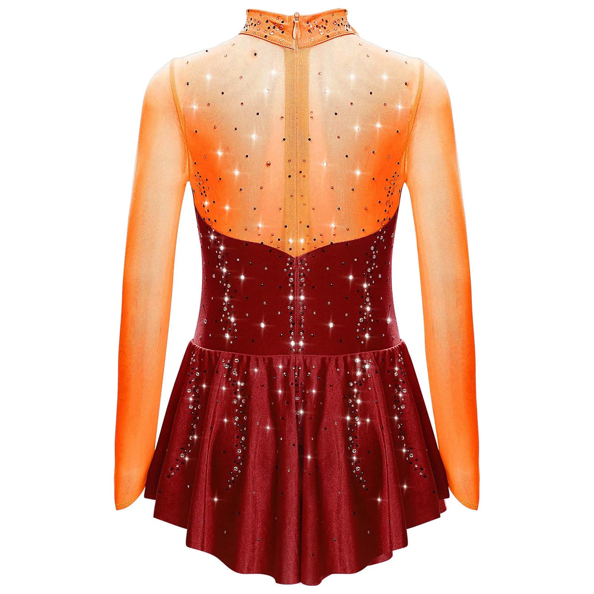 Kids Girls Figure Skating Dress Ballet Dance Artistic Gymnastics Performance Costume Long Sleeve Sheer Mesh Rhinestones Leotard