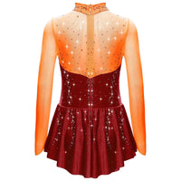 Kids Girls Figure Skating Dress Ballet Dance Artistic Gymnastics Performance Costume Long Sleeve Sheer Mesh Rhinestones Leotard
