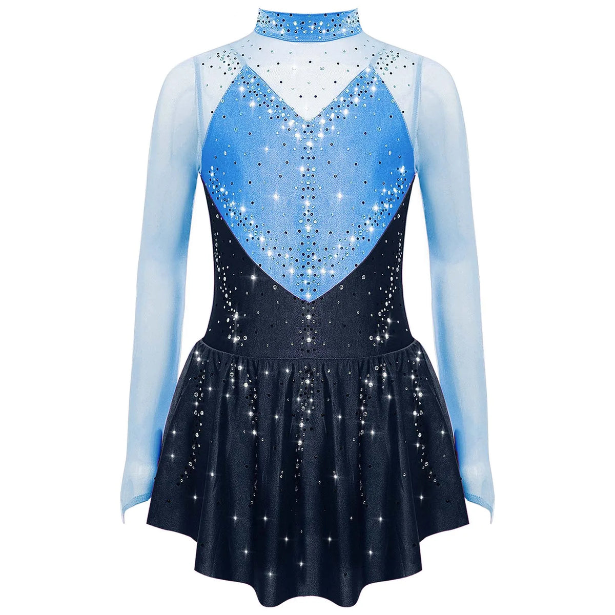 Kids Girls Figure Skating Dress Ballet Dance Artistic Gymnastics Performance Costume Long Sleeve Sheer Mesh Rhinestones Leotard