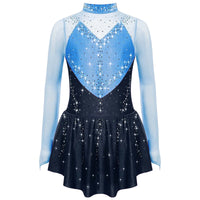 Kids Girls Figure Skating Dress Ballet Dance Artistic Gymnastics Performance Costume Long Sleeve Sheer Mesh Rhinestones Leotard