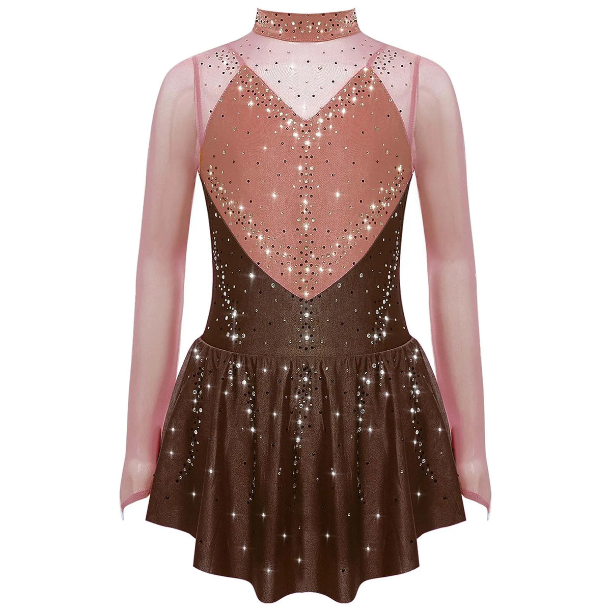 Kids Girls Figure Skating Dress Ballet Dance Artistic Gymnastics Performance Costume Long Sleeve Sheer Mesh Rhinestones Leotard