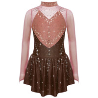 Kids Girls Figure Skating Dress Ballet Dance Artistic Gymnastics Performance Costume Long Sleeve Sheer Mesh Rhinestones Leotard