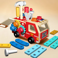 Wooden Montessori Fire Truck - Nut Screw Disassembly Assembly Tool Car, STEM Toy for Toddlers to Develop Hands-On Skills