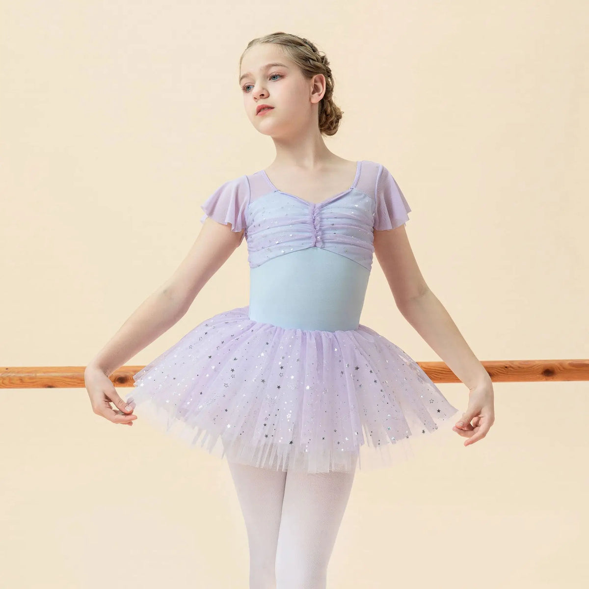 Girls Ballet Dance Dress Kids Child Short Sleeve Stitching V-neck Gymnastics Pink Leotard Practice Professional Stage Dance Wear
