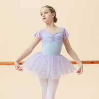 Girls Ballet Dance Dress Kids Child Short Sleeve Stitching V-neck Gymnastics Pink Leotard Practice Professional Stage Dance Wear