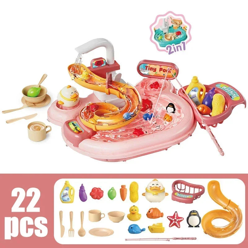 Children Puzzle Pretend Play Toys Dishwashing Basin Toys Gift Kitchen Interactive Toys 2-in-1 Slide Fishing Montessori Toy Gift