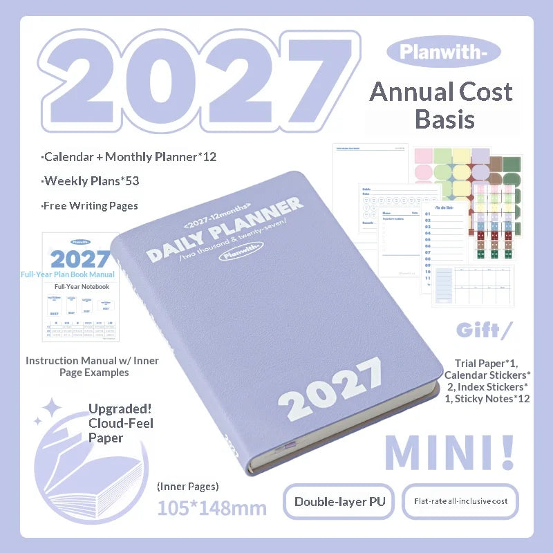 Planwith 2027 Weekly Planner A6 8-Grid Layout Hardcover Agenda Annual Tracker Month Plan Lunar Date Organizer for Adult Student