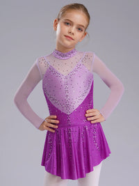 Kids Girls Figure Skating Dress Ballet Dance Artistic Gymnastics Performance Costume Long Sleeve Sheer Mesh Rhinestones Leotard