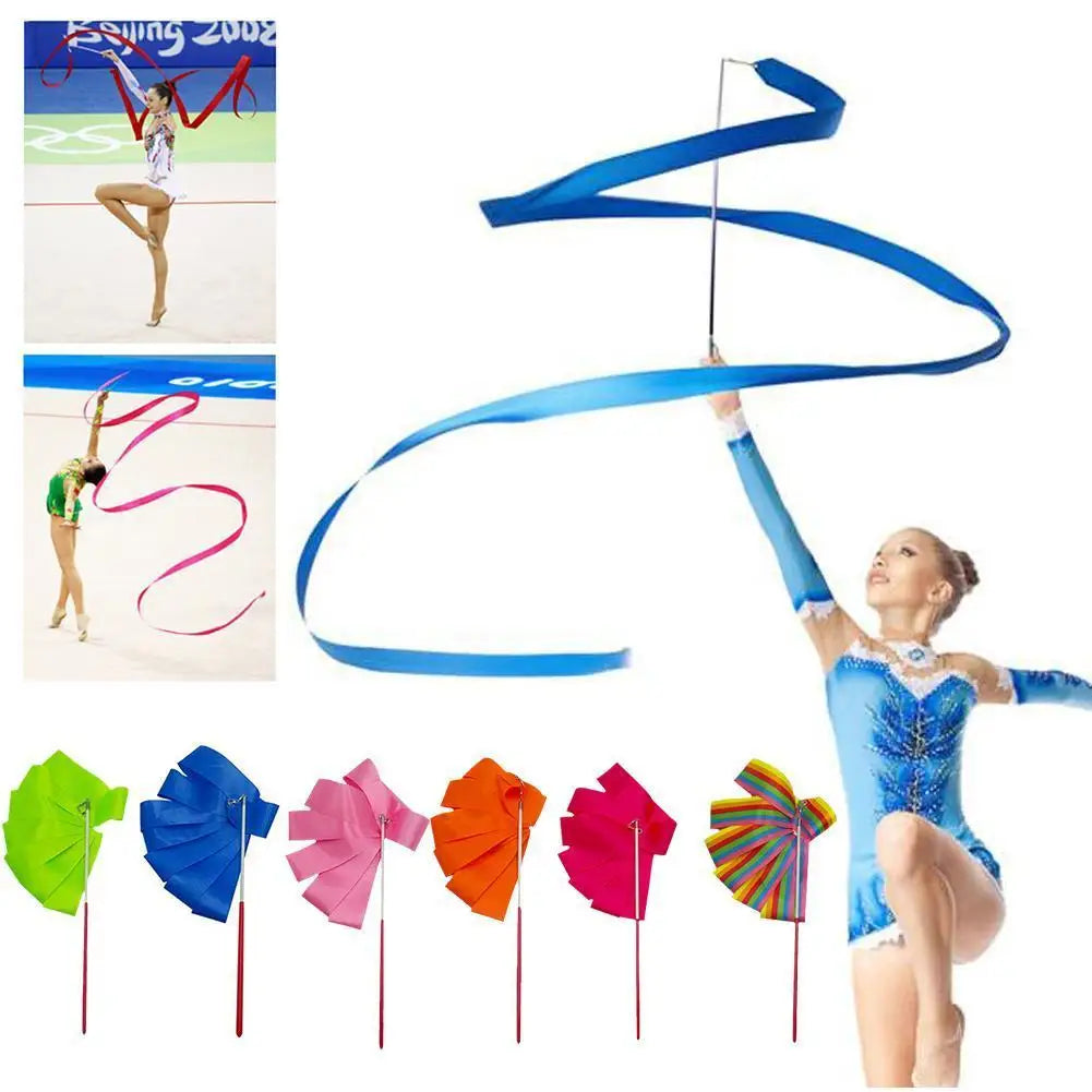 2M/4M Colorful Rythmic Gymnastics Ribbon Dance Ribbon Rhythmic Twirling Gymnastic Rod Ballet Training Streamer Art Stick W2H5