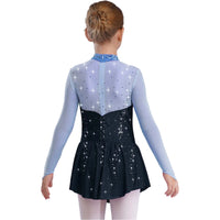 Kids Girls Figure Skating Dress Ballet Dance Artistic Gymnastics Performance Costume Long Sleeve Sheer Mesh Rhinestones Leotard