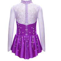 Kids Girls Figure Skating Dress Ballet Dance Artistic Gymnastics Performance Costume Long Sleeve Sheer Mesh Rhinestones Leotard