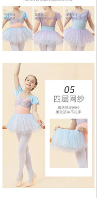 Girls Ballet Dance Dress Kids Child Short Sleeve Stitching V-neck Gymnastics Pink Leotard Practice Professional Stage Dance Wear