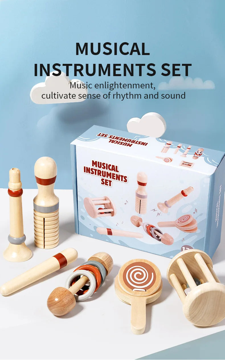 Baby Handheld Bell Musical Instrument Toys Montessori Wooden Gripping Bed Bell Drum Orff Ringing Instrument Percussion Kids Gift