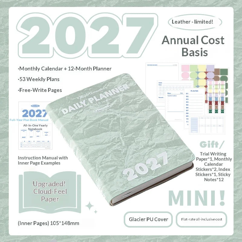 Planwith 2027 Weekly Planner A6 8-Grid Layout Hardcover Agenda Annual Tracker Month Plan Lunar Date Organizer for Adult Student