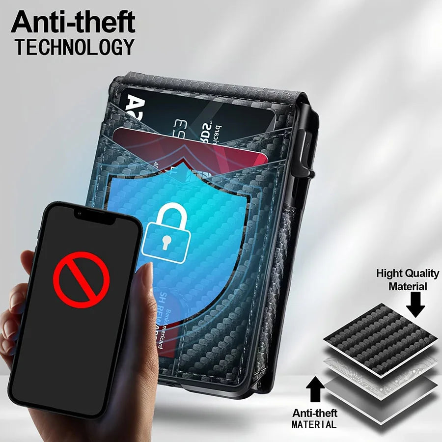 Men Carbon Fiber RFID Blocking Pop Up Wallet, Slim Minimalist Credit Card Holder Multi Slots Portable Business Card Purse