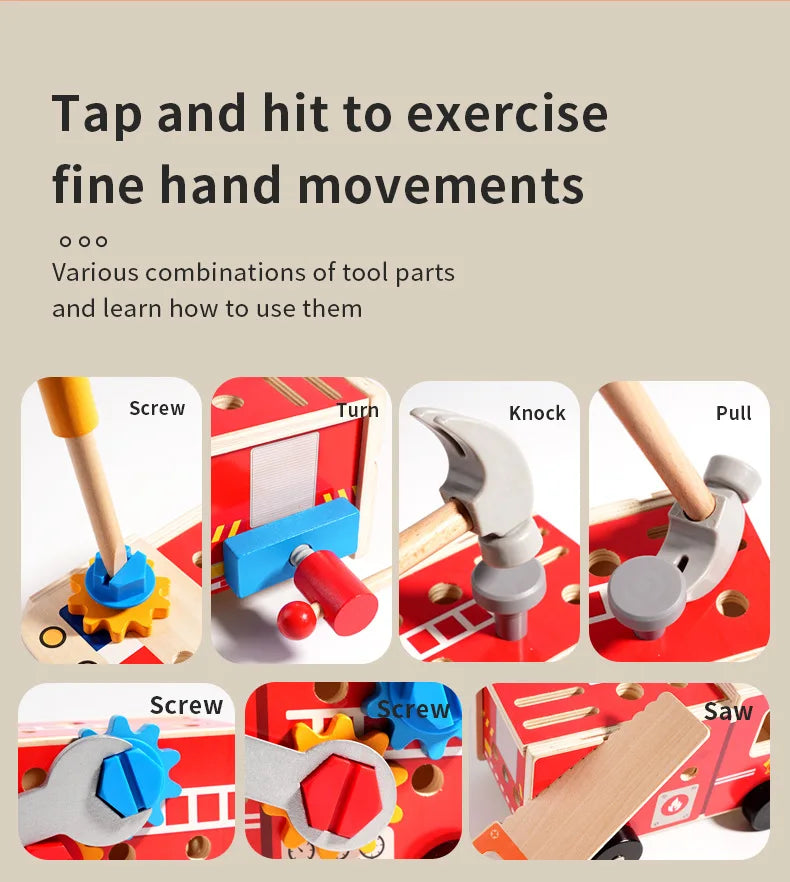 Wooden Montessori Fire Truck - Nut Screw Disassembly Assembly Tool Car, STEM Toy for Toddlers to Develop Hands-On Skills