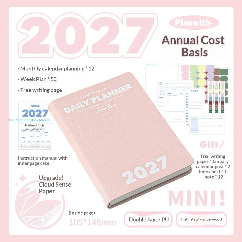 Planwith 2027 Weekly Planner A6 8-Grid Layout Hardcover Agenda Annual Tracker Month Plan Lunar Date Organizer for Adult Student